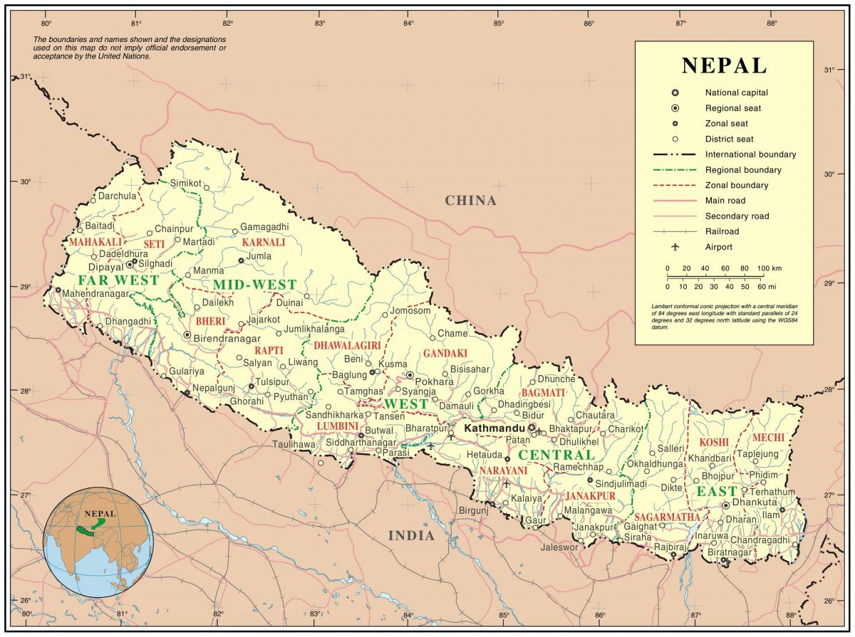 indie, nepál silniční hraniční mapě