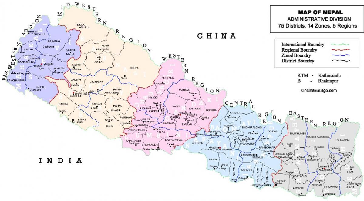 nepál politická mapa s okresy