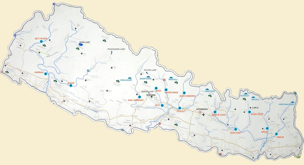 mapa nepálu ukazuje řeky