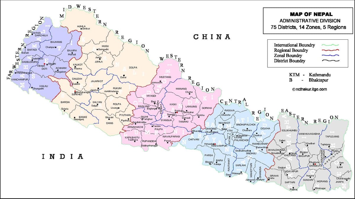 nepál všechny okresní mapě