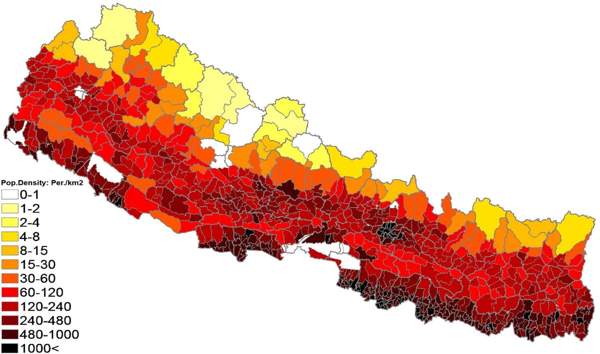 nepál mapa hustota obyvatel