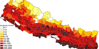Nepál mapa hustota obyvatel